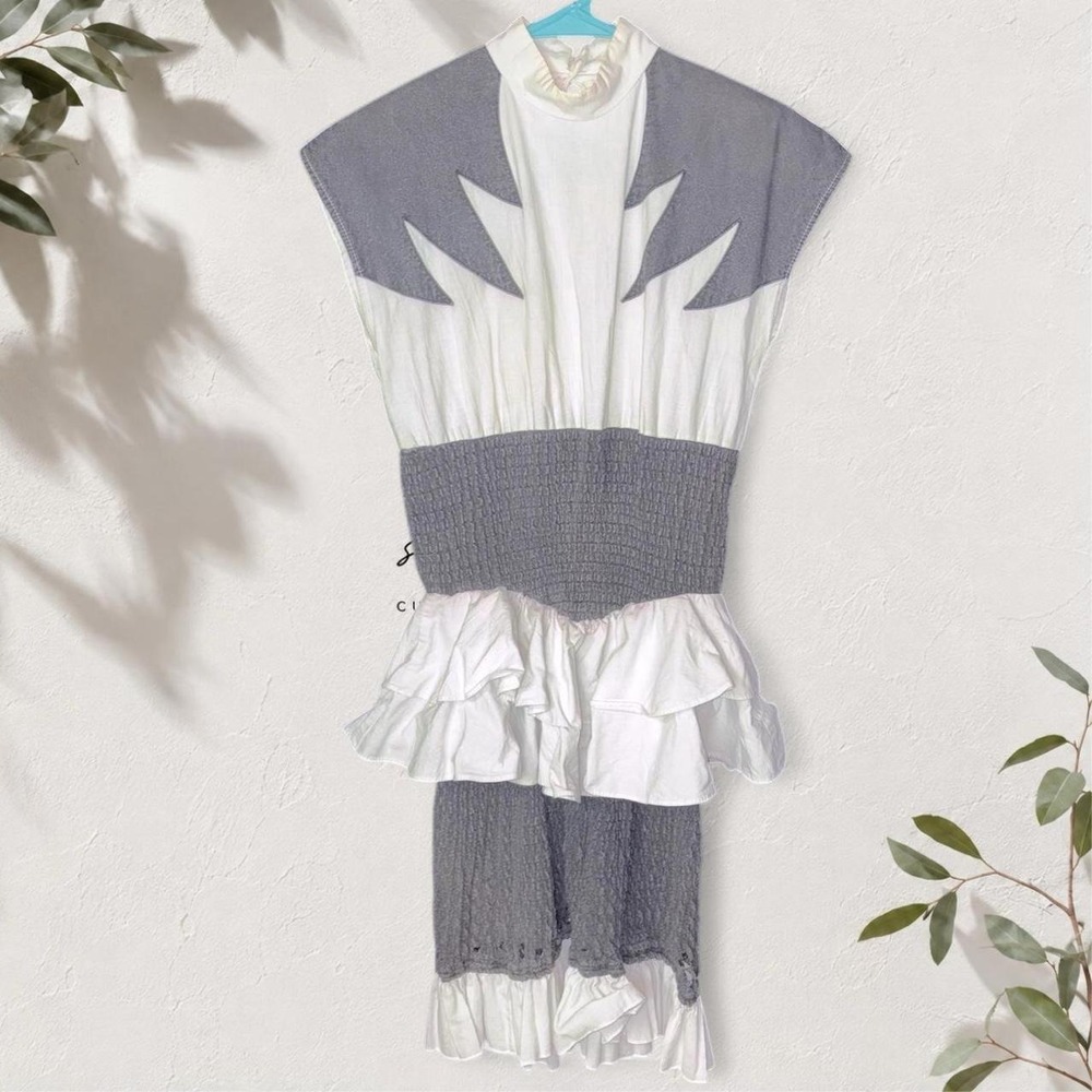 Vintage Handmade 1940s Ruffle Lightning Bolt Dress White Gray S/M TLC